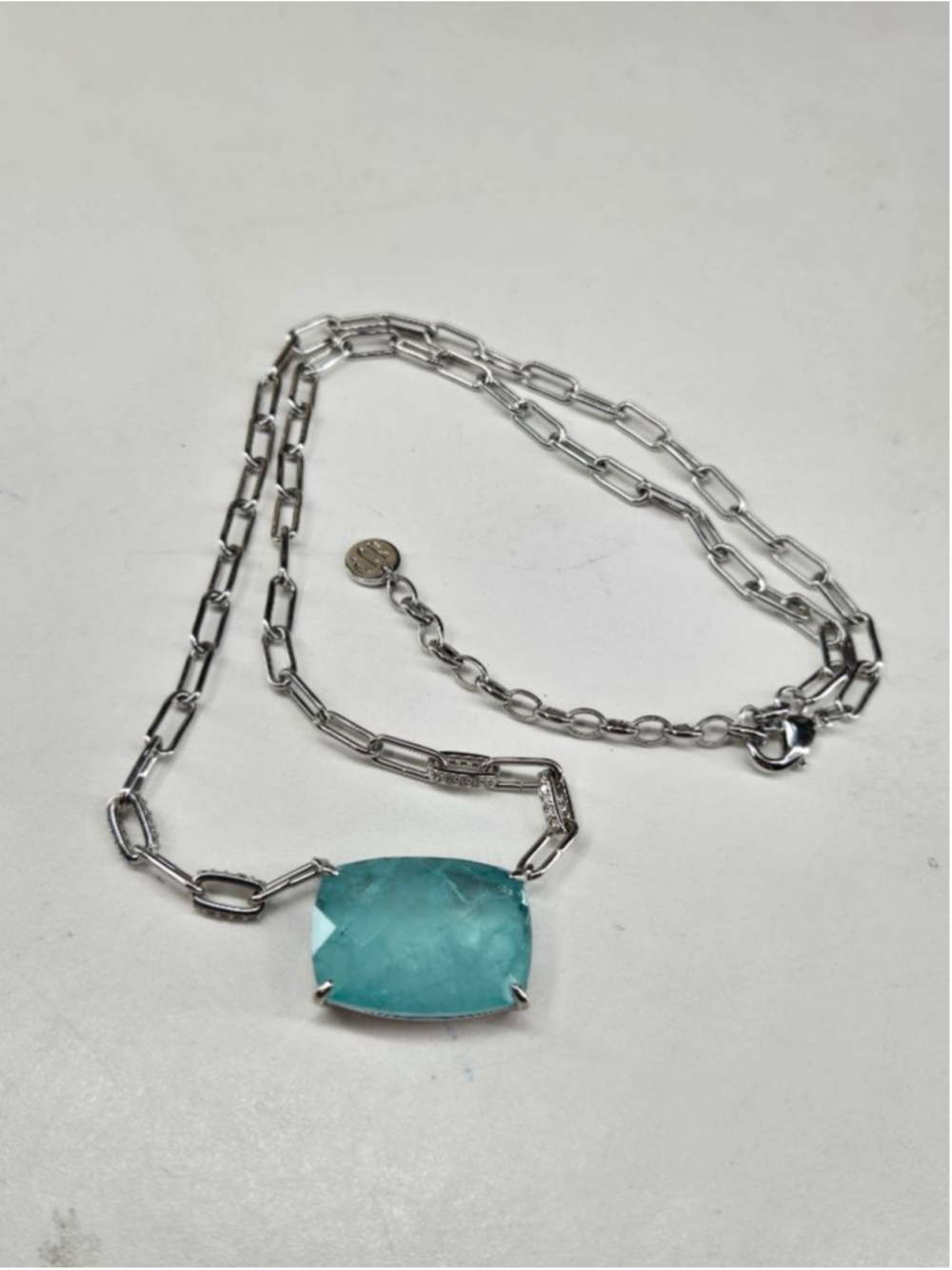 Bomb Party Necklace Blue Aragonite Pendant Rhodium Silvertone Paperclip Chain - Picture 6 of 10